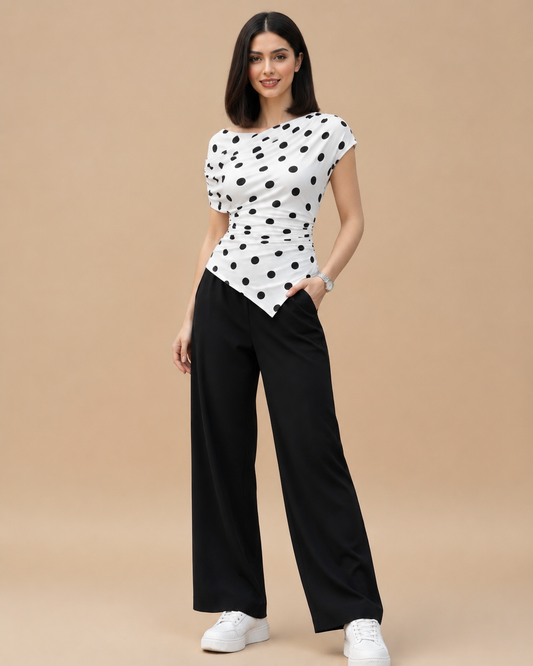 Polka Dot Asymmetric Ruched Top