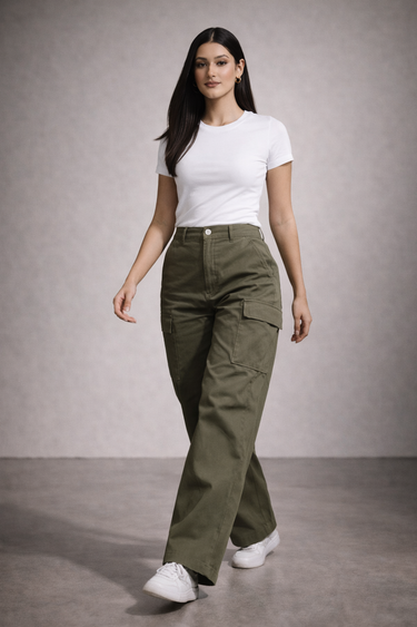 Olive wide leg cargo trousers for women - Fasciners Pakistan