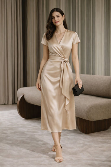 Satin wrap dress elegant fluid drape for women - Fasciners Pakistan