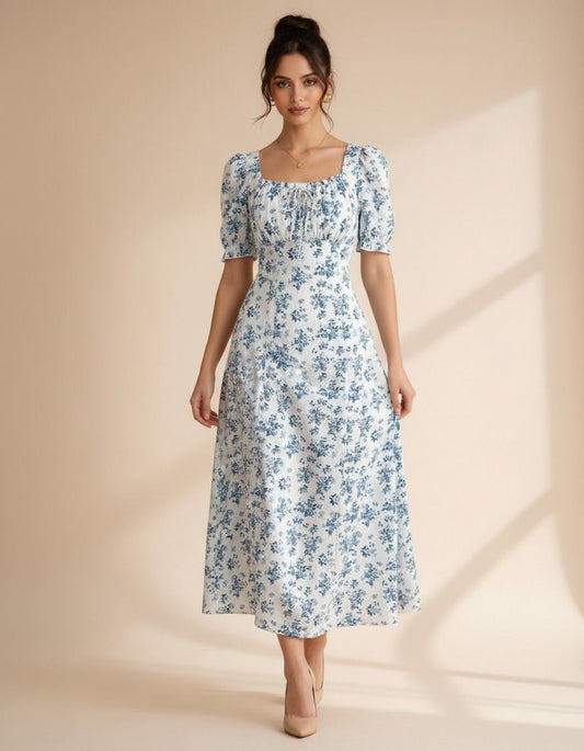 Blue floral midi dress side view women - Fasciners Pakistan