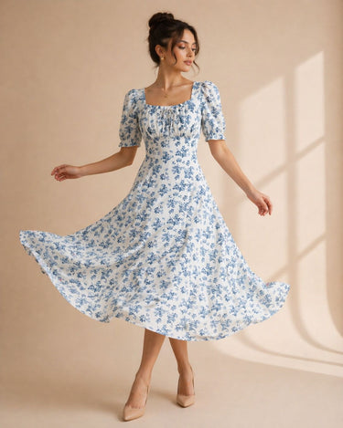 Blue floral midi dress romantic print for women - Fasciners Pakistan