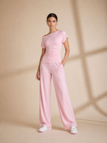 Blush wide leg co-ord set off-shoulder top trousers for women - Fasciners Pakistan