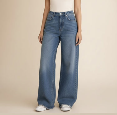 Fasciners High Waist Wide Leg Jeans Mid Blue front view