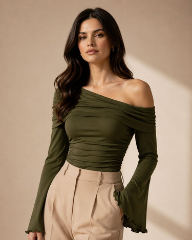 Olive off-shoulder ruched top for women - Fasciners Pakistan