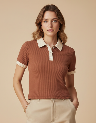 Cocoa beige ribbed contrast polo top for women - Fasciners Pakistan