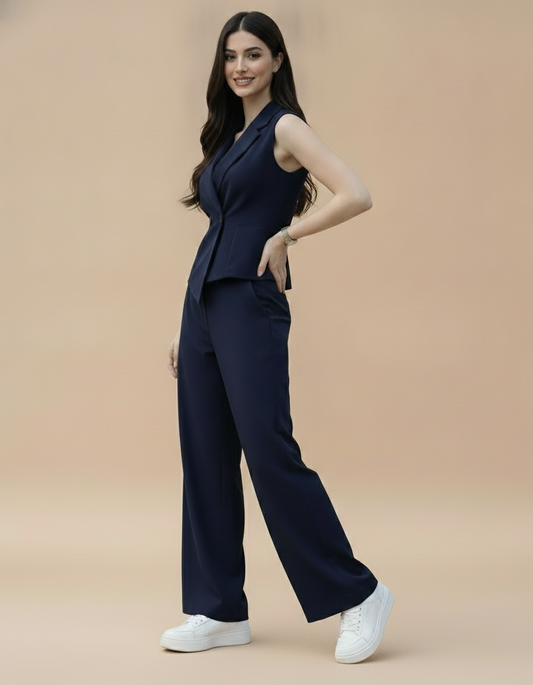 Navy tailored coord set back view women - Fasciners Pakistan