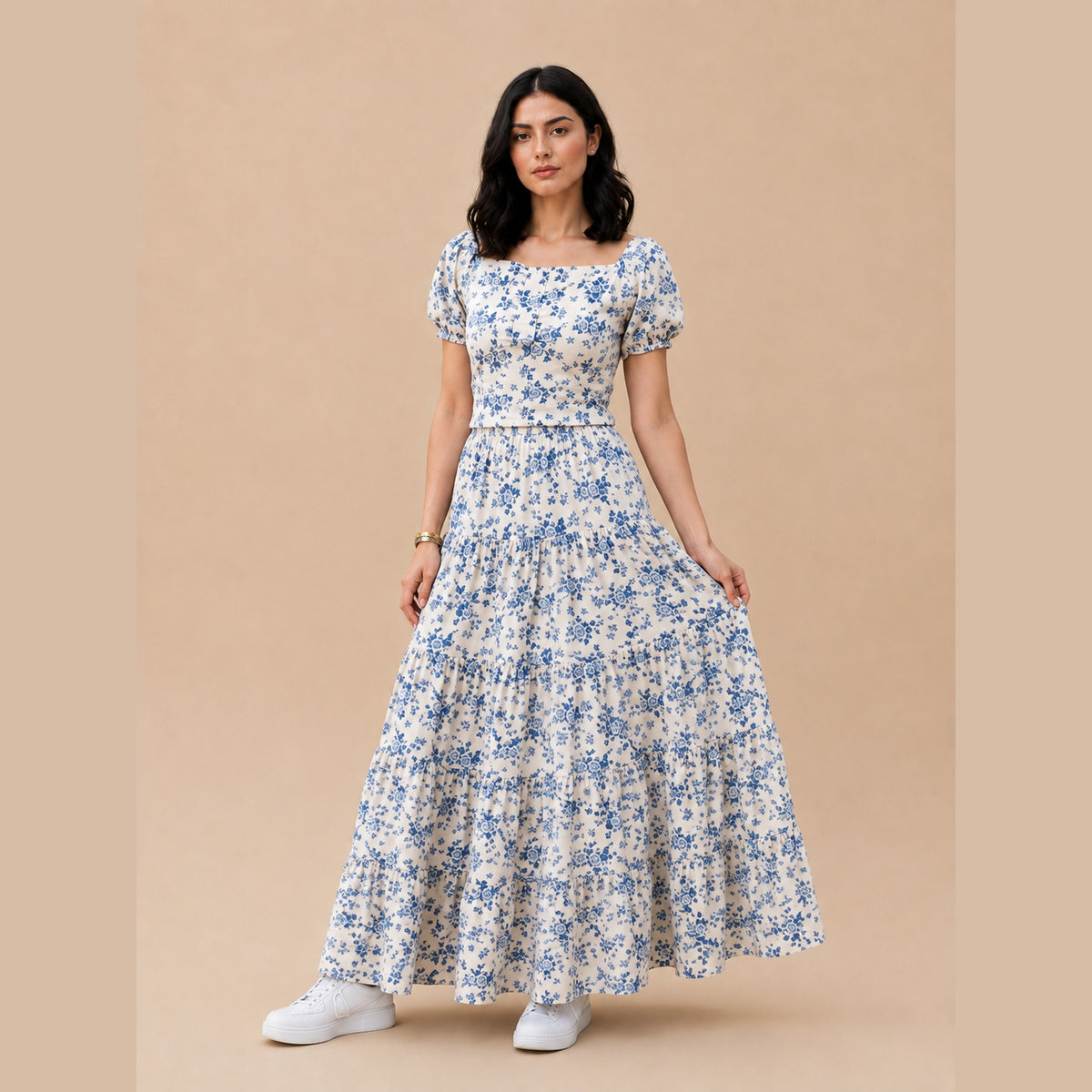 Blue Floral Skirt & Shirt Co-Ord Set