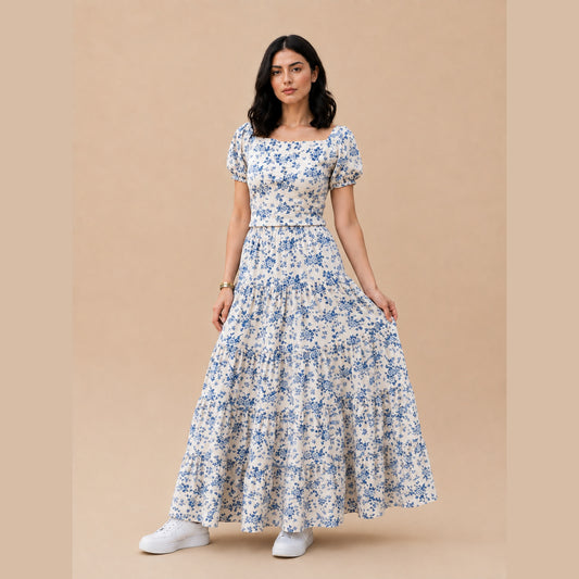 Blue Floral Skirt & Shirt Co-Ord Set