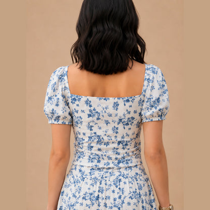 Blue Floral Skirt & Shirt Co-Ord Set