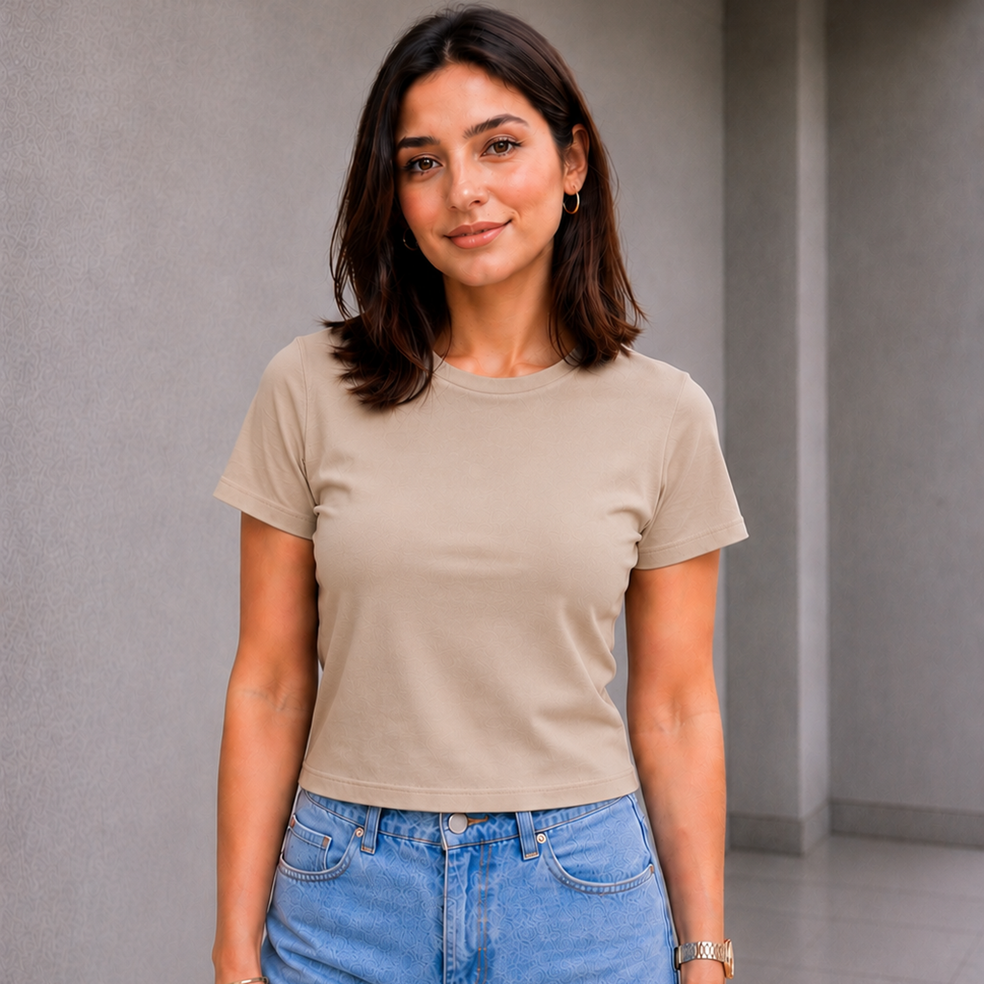 Woman wearing beige fitted crewneck t-shirt — Fasciners Pakistan