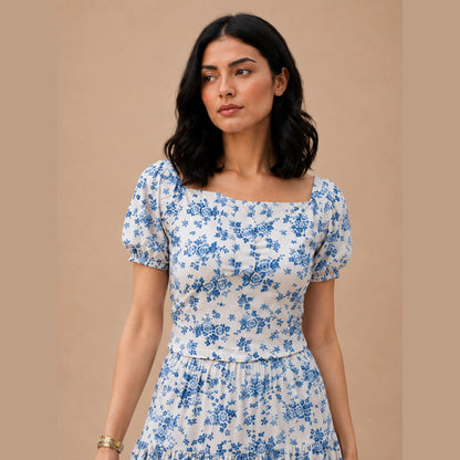 Blue Floral Skirt & Shirt Co-Ord Set