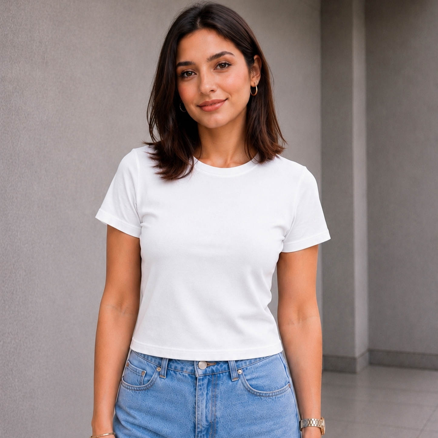 Woman wearing white fitted crewneck t-shirt - Fasciners Pakistan