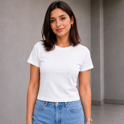 Woman wearing white fitted crewneck t-shirt - Fasciners Pakistan