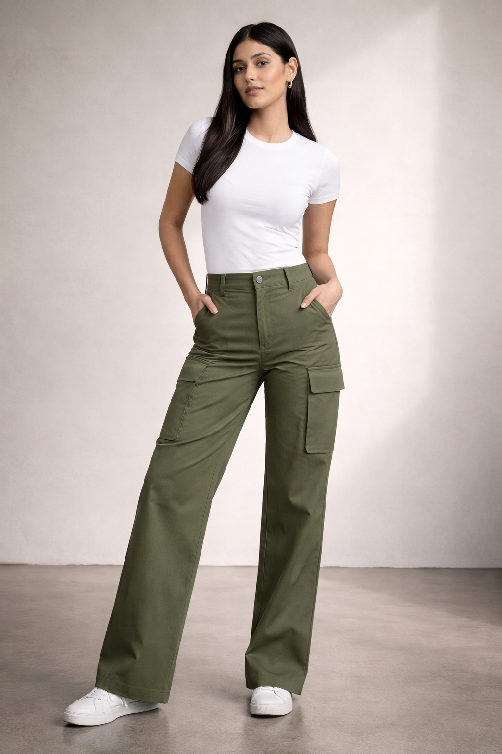 Olive cargo trousers styled look women Pakistan