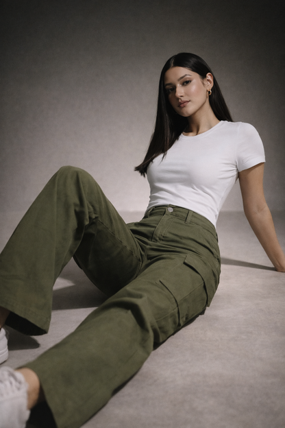 Olive cargo wide leg pants detail pockets - Fasciners Pakistan