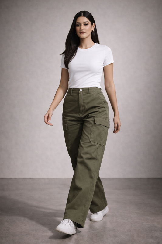 Olive wide leg cargo trousers for women - Fasciners Pakistan