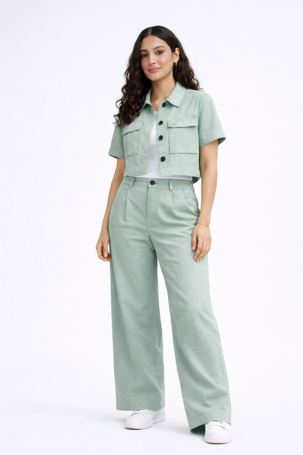 Mint sage co-ord set cropped shirt wide leg trousers for women - Fasciners Pakistan