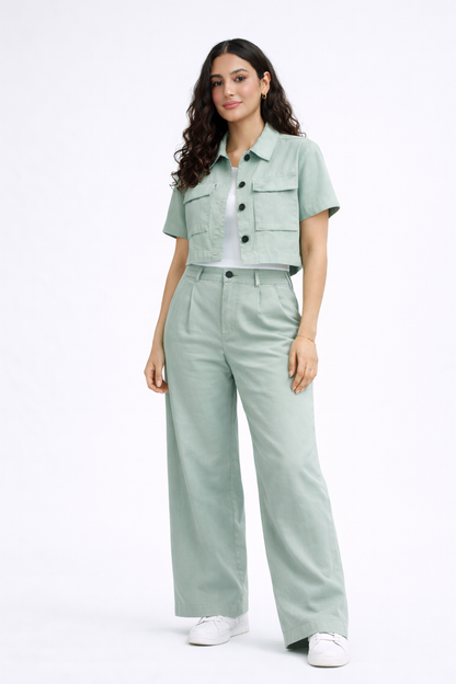 Mint sage co-ord set cropped shirt wide leg trousers for women - Fasciners Pakistan