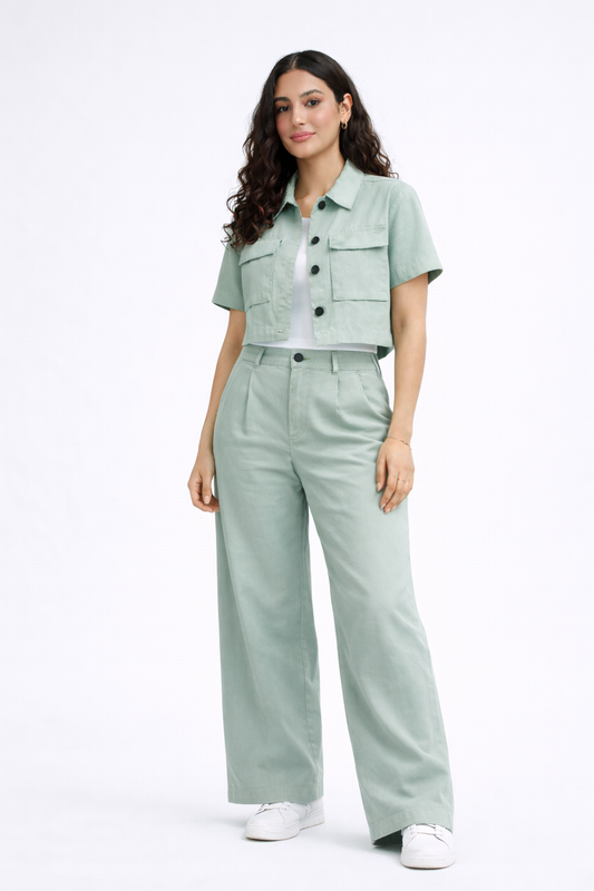 Mint sage co-ord set cropped shirt wide leg trousers for women - Fasciners Pakistan