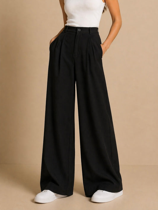 Wide leg black pants side view women - Fasciners Pakistan