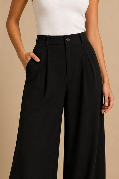 Wide leg black pants fabric drape detail - Fasciners Pakistan