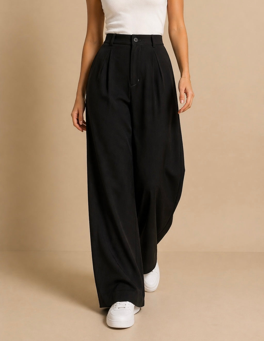 Wide leg black trousers back view high waist - Fasciners Pakistan