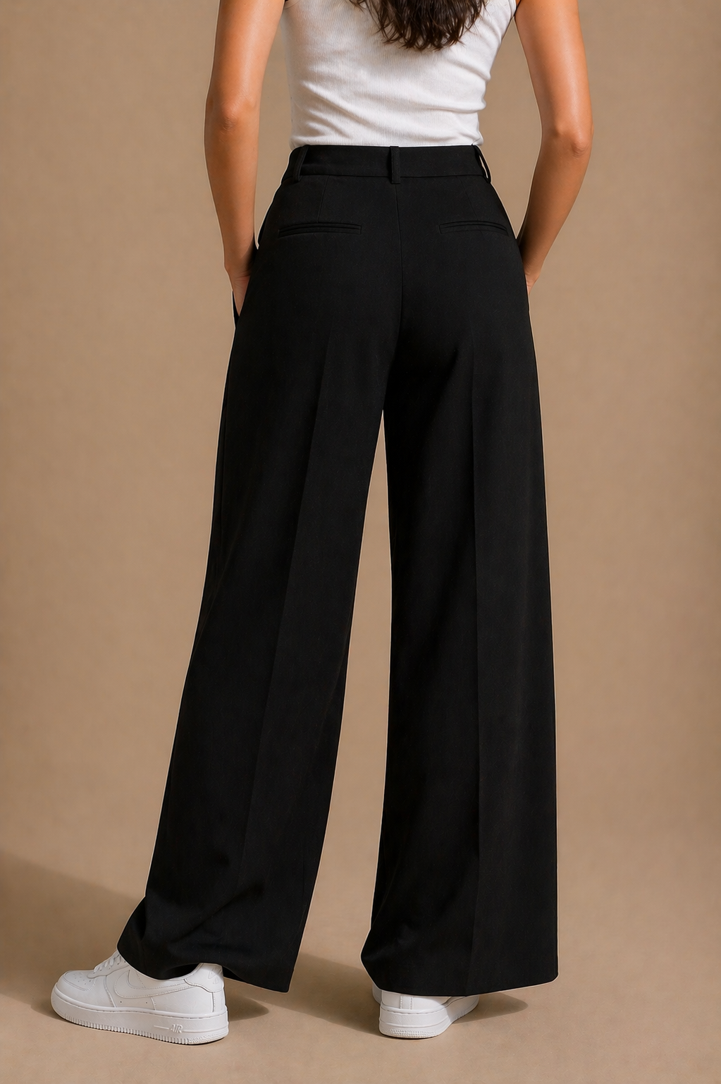 Black wide leg trousers waistband detail - Fasciners Pakistan