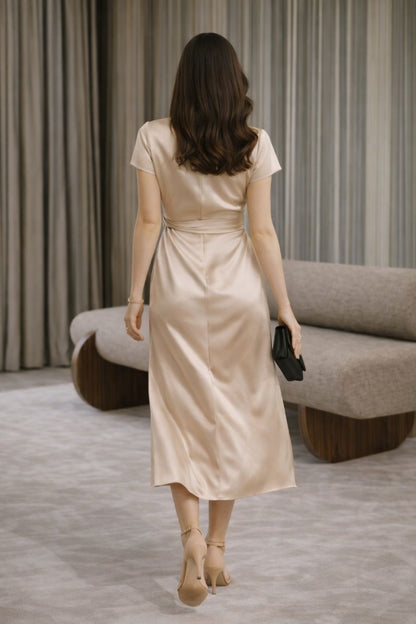 Satin wrap dress styled look women Pakistan