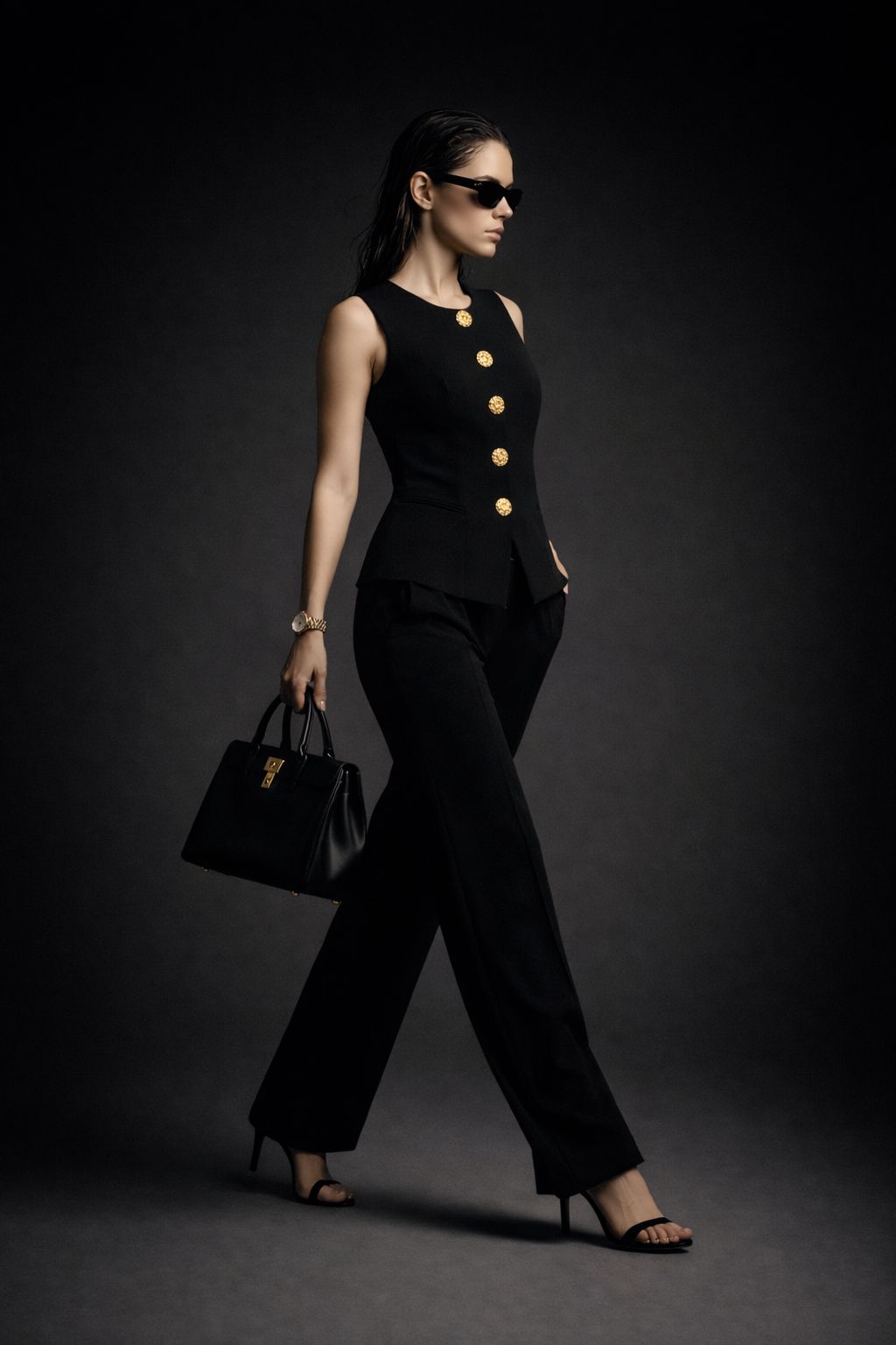 Black tailored vest set full length - Fasciners Pakistan