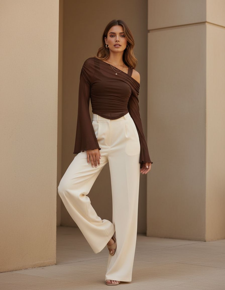 Coffee sheer ruched top styled look women Pakistan