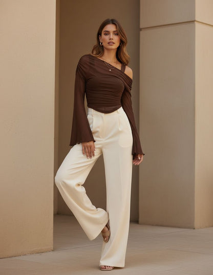 Coffee sheer ruched top styled look women Pakistan