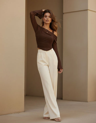 Coffee Sheer Ruched Top