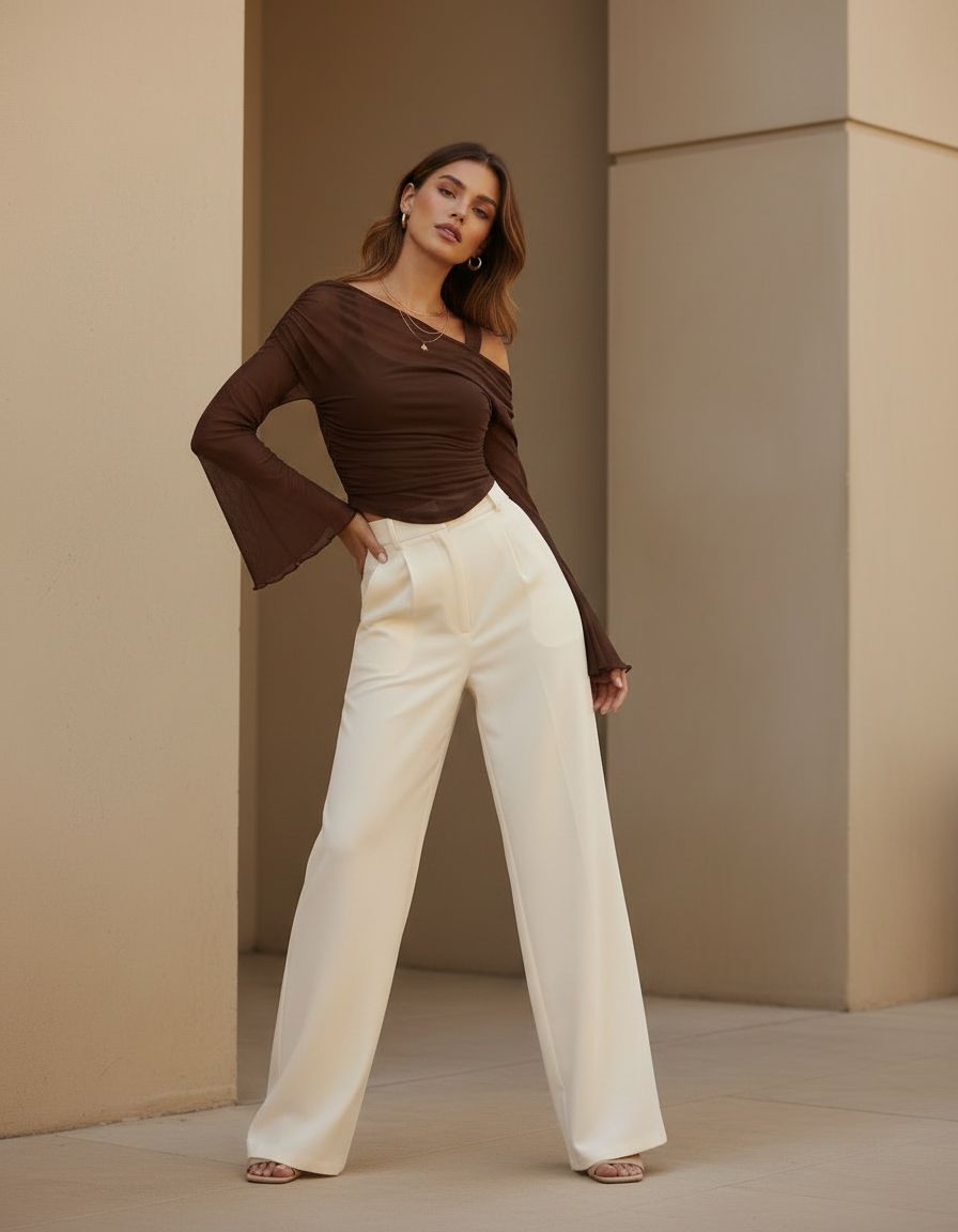 Coffee sheer top ruching detail close up - Fasciners Pakistan
