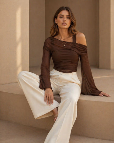 Coffee Sheer Ruched Top