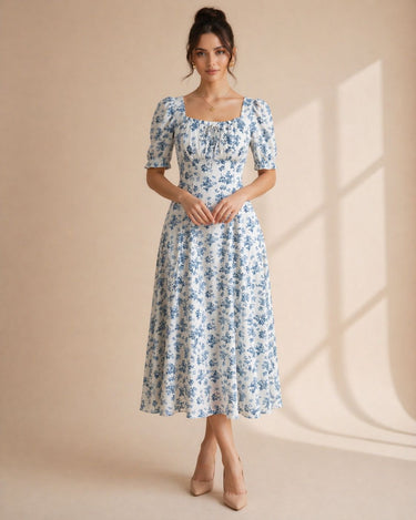 Blue Floral Midi Dress