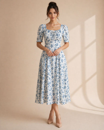 Blue floral midi dress back view - Fasciners Pakistan