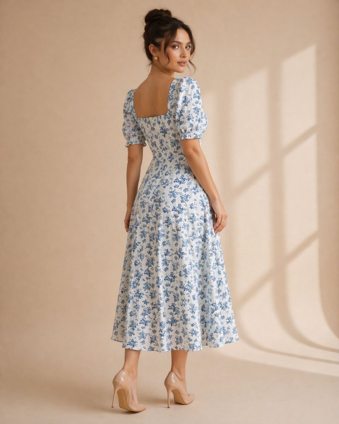 Blue floral midi dress print detail close up - Fasciners Pakistan