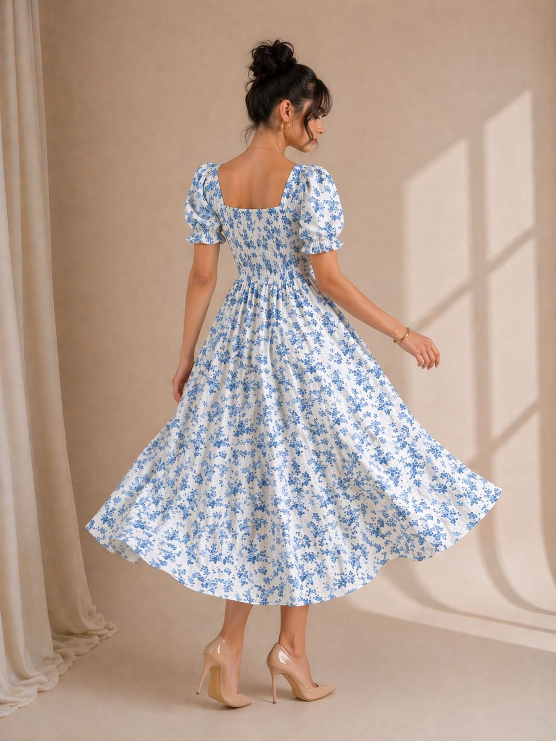 Blue floral midi dress full length romantic print - Fasciners Pakistan