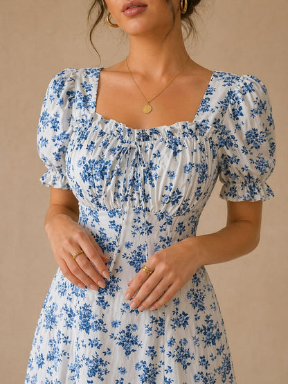 Blue floral midi dress fabric detail ivory base - Fasciners Pakistan