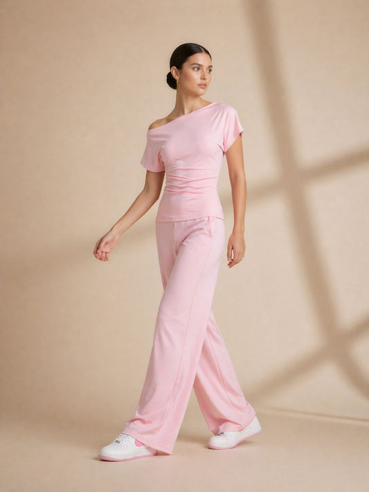 Blush wide leg co-ord set side view - Fasciners Pakistan