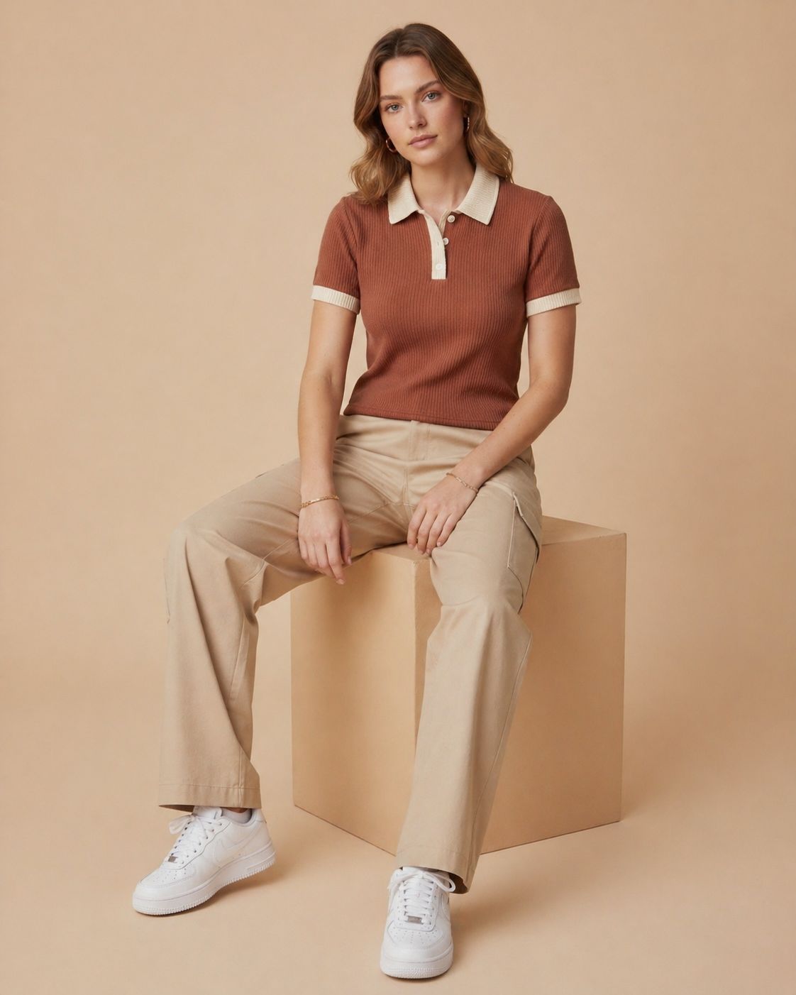 Cocoa beige contrast polo top full length - Fasciners Pakistan