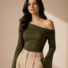 Olive off-shoulder ruched top for women - Fasciners Pakistan