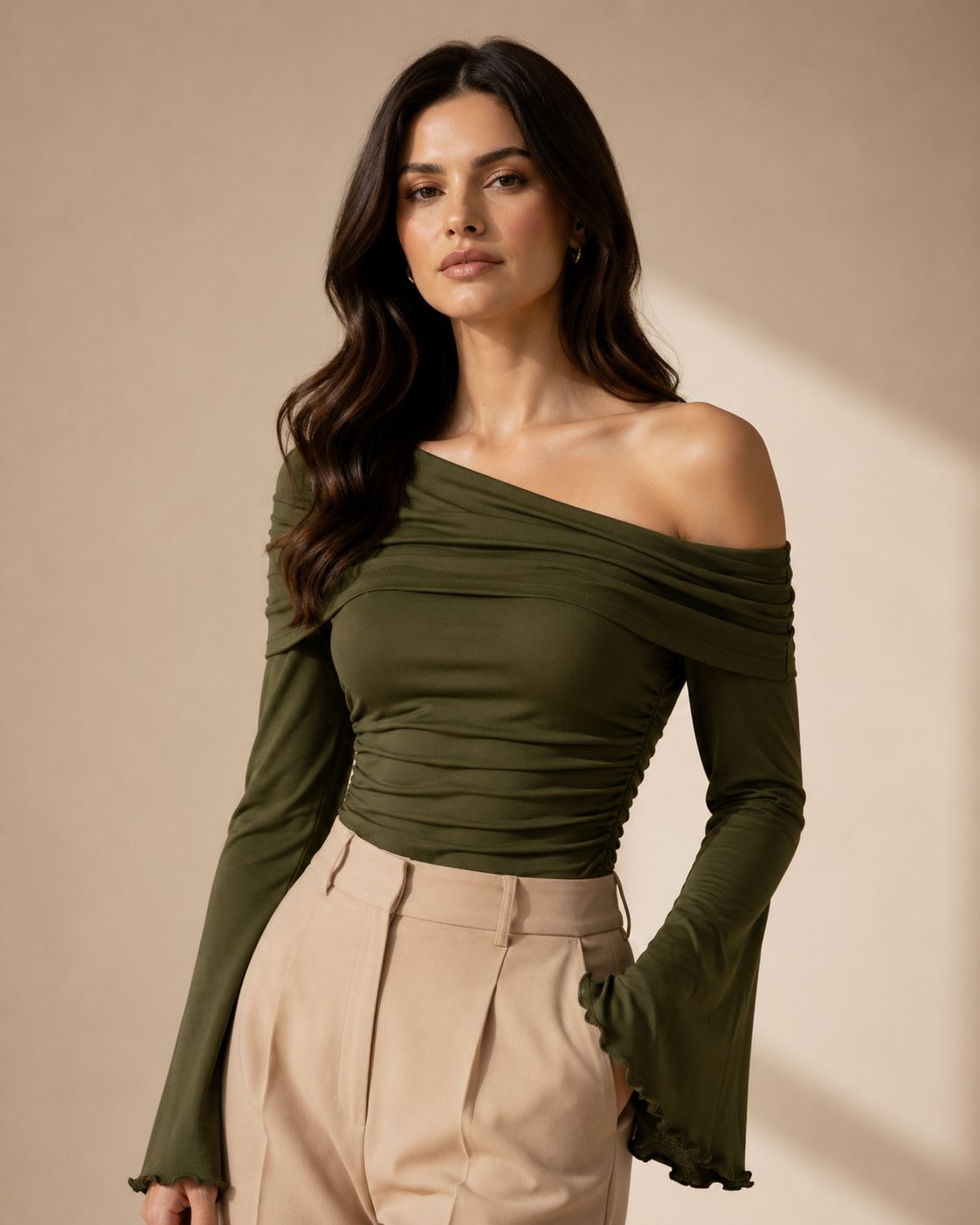 Olive off-shoulder ruched top for women - Fasciners Pakistan