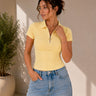 Butter yellow zip polo ribbed top for women - Fasciners Pakistan