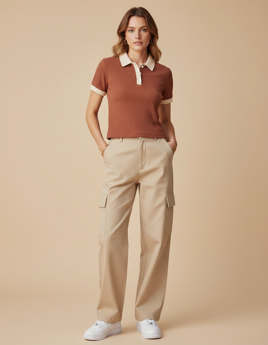 Cocoa polo top ribbed fabric detail close up - Fasciners Pakistan